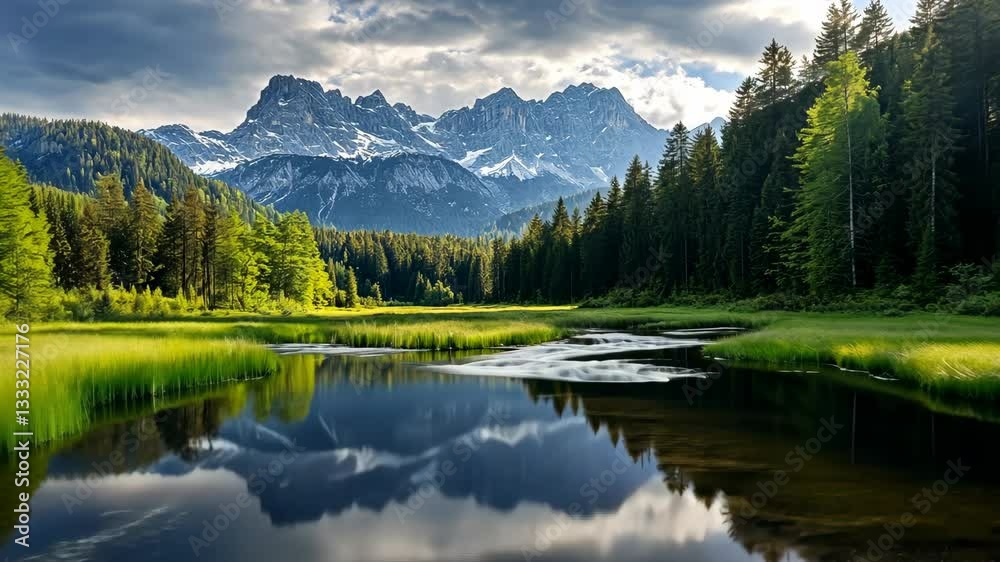 Serenity in nature with mountains, forests, and a reflective river at dusk in the wilderness