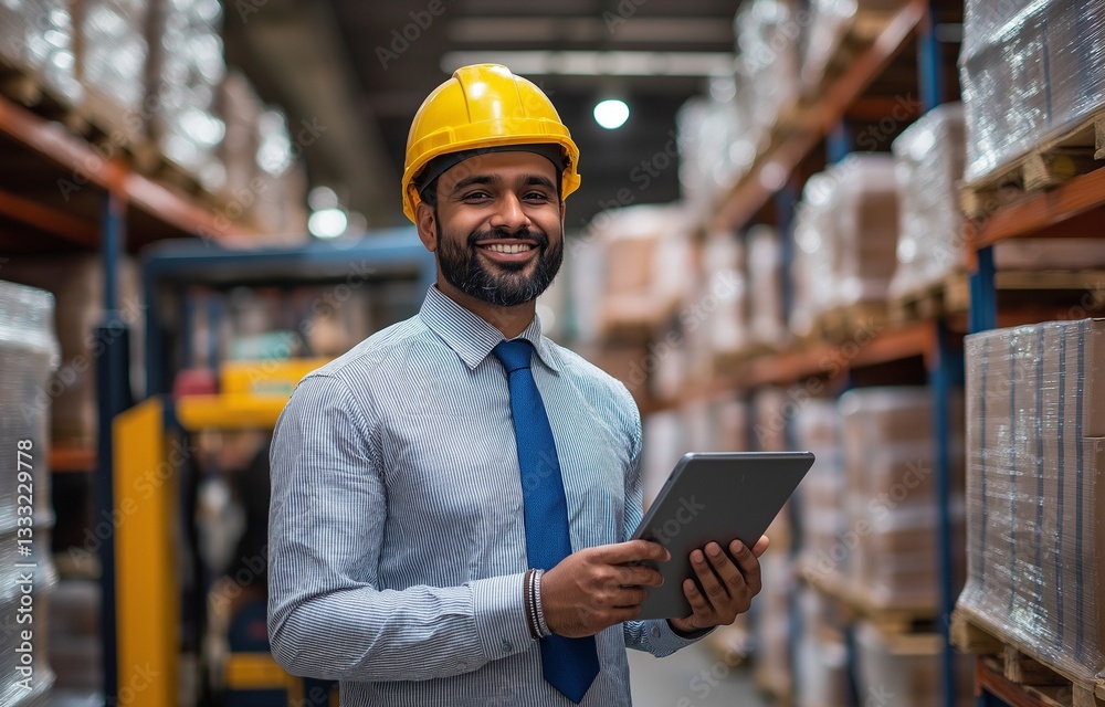 An Indian businessman is using a tablet to oversee a warehouse in a distribution center. Package supervisor for the warehouse An Indian businessman is using a tablet to oversee a warehouse in a distribution center. Package supervisor for the warehouse