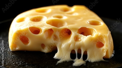 A wedge of Swiss cheese with holes and melted, stringy edges