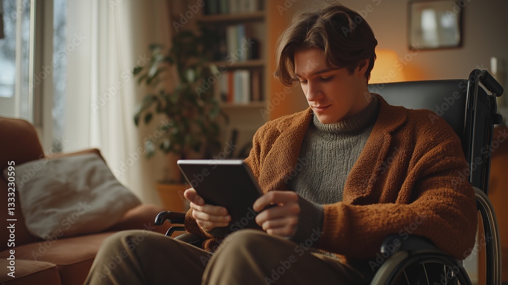 An optimistic businessman in a wheelchair uses a tablet. An optimistic businessman in a wheelchair uses a tablet.