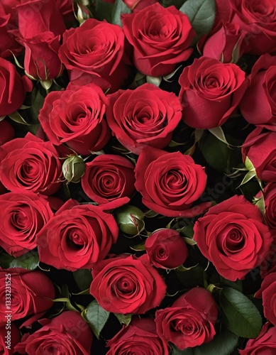 Fototapeta Naklejka Na Ścianę i Meble -  A stunning bouquet filled with lush red roses showcases their rich colors and velvety petals, ideal for celebrating love, admiration, or gratitude during any momentous occasion Generative AI