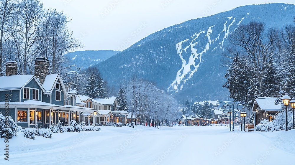 Naklejka premium Snowy Town Street at Winter Dusk, Mountains View