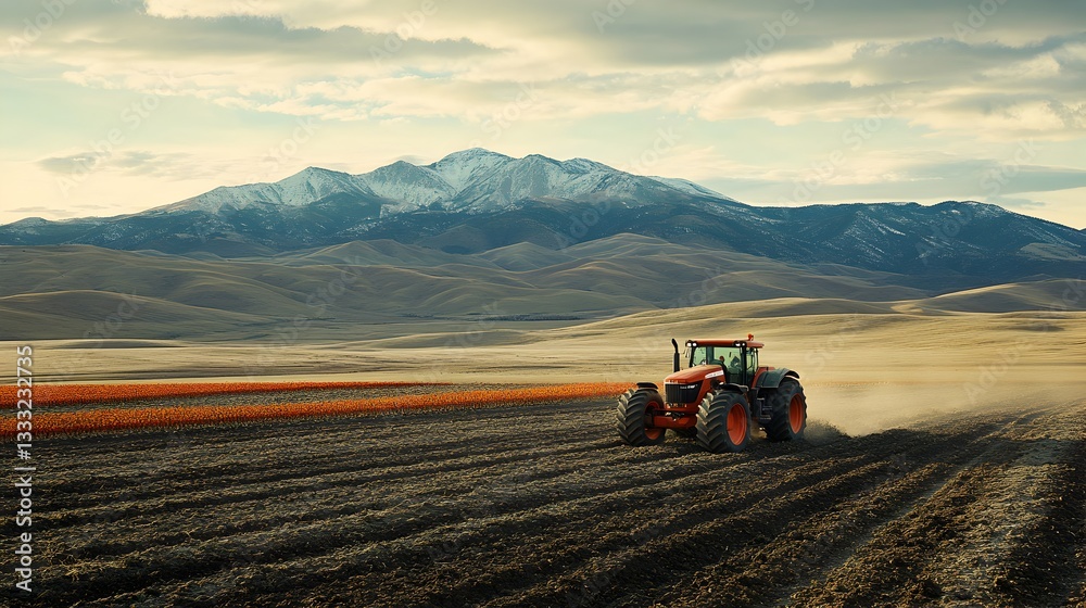 Obraz premium Powerful tractor plowing rich soil in a fertile field, demonstrating the heart of agricultural innovation and farming
