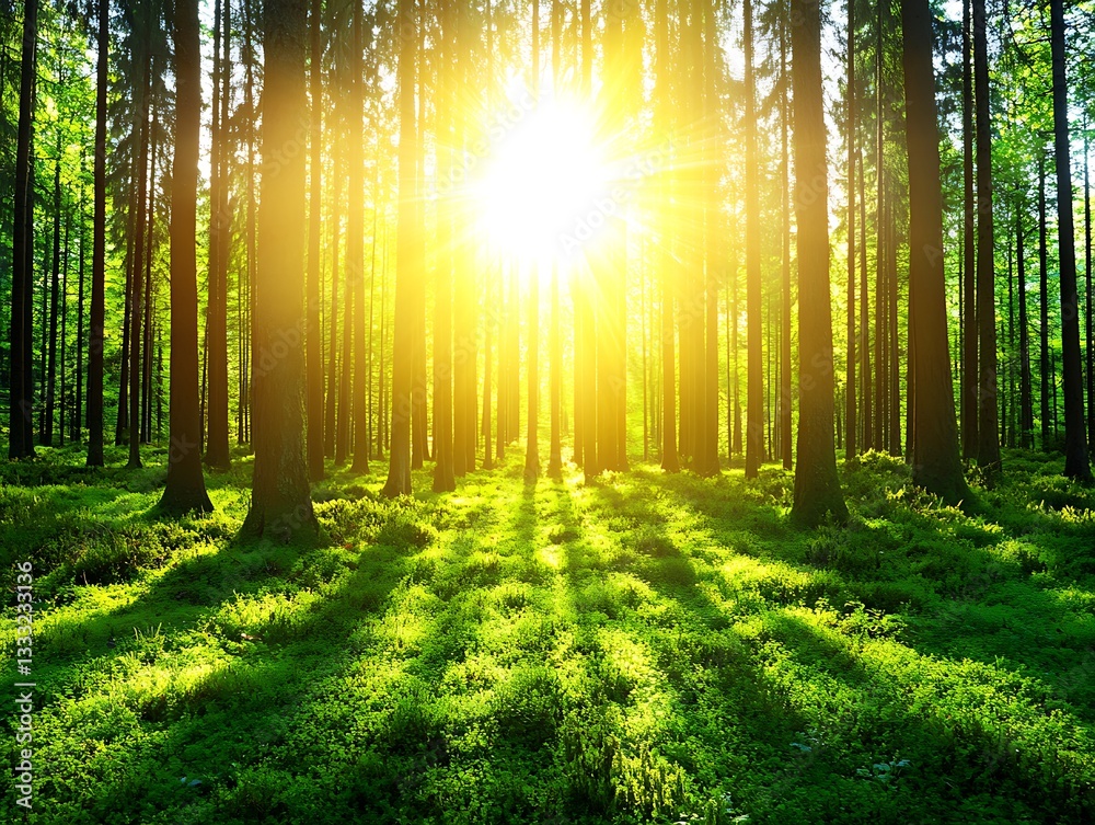 Fototapeta premium Sunburst in Lush Green Forest.