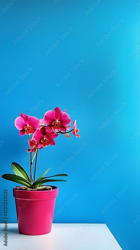 Naklejka premium Vibrant Pink Orchid in Pot Against Blue Wall