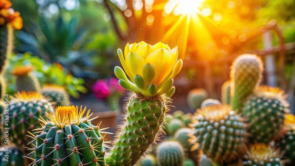 Vibrant Yellow Cactus Blossom in Sunny Summer Garden Vibrant Yellow Cactus Blossom in Sunny Summer Garden