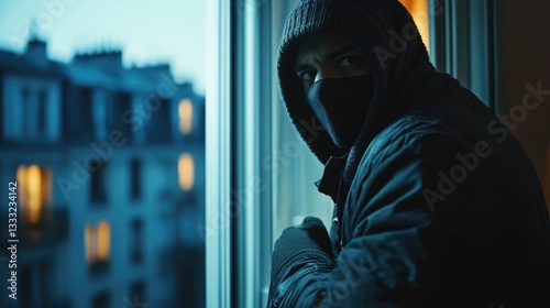 Shadowed figure: masked thief moves incognito, a robber lurking in secrecy, marauder on the prowl, committing crimes with swift action, eluding capture, embodying stealth and deception in every move.