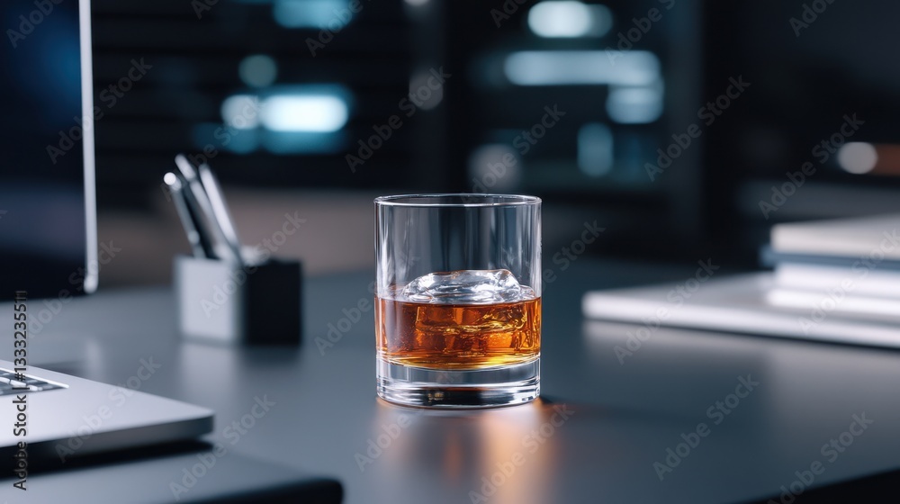 Elegant Glass of Whiskey on Wooden Desk Evoking Warmth and Relaxation Elegant Glass of Whiskey on Wooden Desk Evoking Warmth and Relaxation