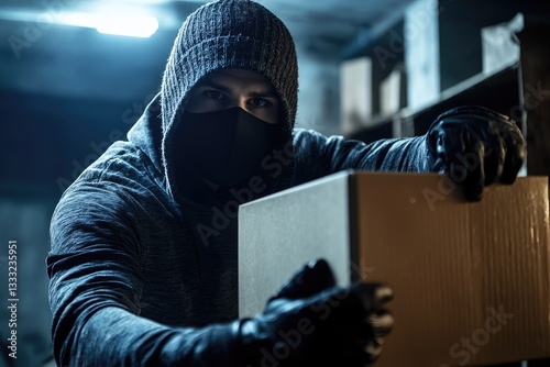 Shadowed figure: masked thief moves incognito, a robber lurking in secrecy, marauder on the prowl, committing crimes with swift action, eluding capture, embodying stealth and deception in every move.
