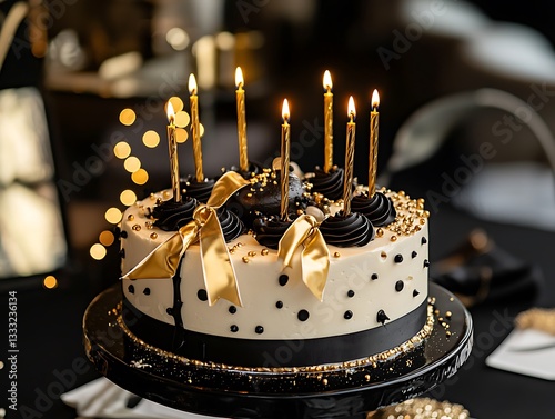 Birthday cake with golden candles and luxury ribbons perfect for a sweet and sophisticated celebration