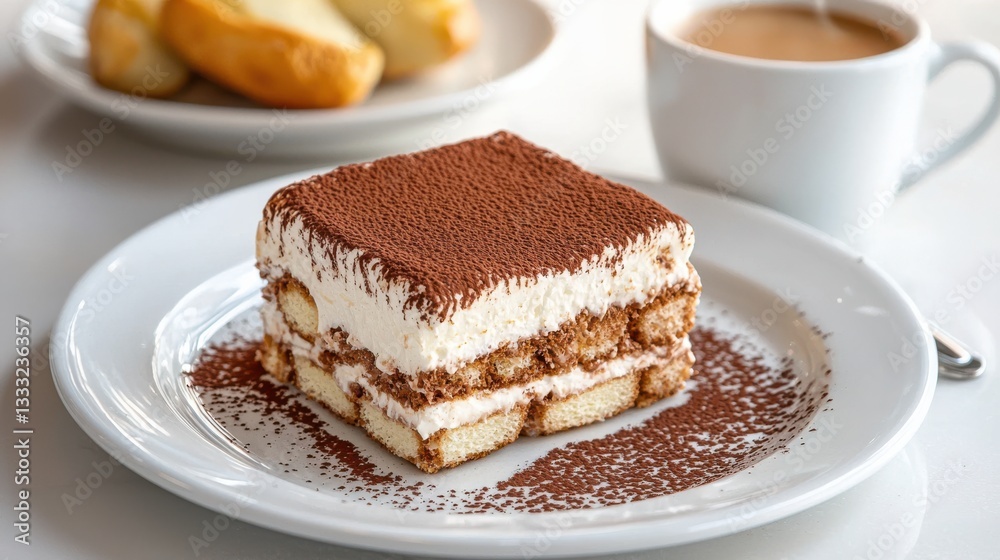 Delicious Slice of Cake on Elegant Plate Accompanied by Hot Coffee Delicious Slice of Cake on Elegant Plate Accompanied by Hot Coffee