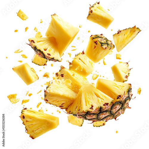 Bright Juicy Pineapple Chunks Flying Through the Air Isolated on Transparent Background