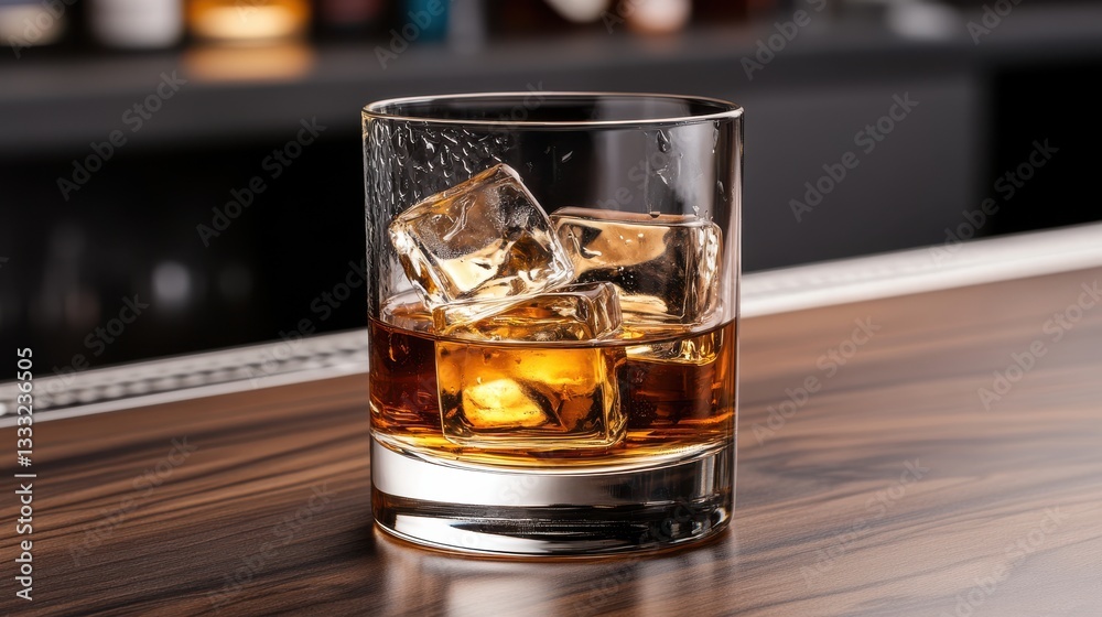Rich Glass of Whiskey on Bar Counter Capturing Warmth and Relaxation Rich Glass of Whiskey on Bar Counter Capturing Warmth and Relaxation