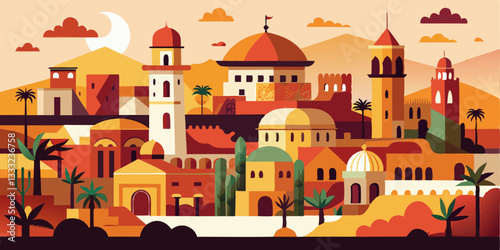 Marrakech, Morocco – A warm-hued cityscape with Koutoubia Mosque, colorful souks, and desert tones in deep reds, oranges, and golden browns.