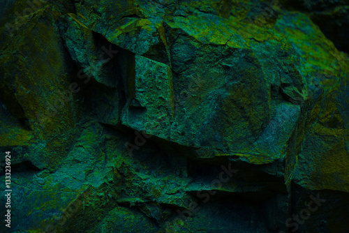 Obraz na płótnie Black dark blue emerald green rock texture background. Toned. Rough mountain surface with moss. Close-up. Nature. Design. w salonie