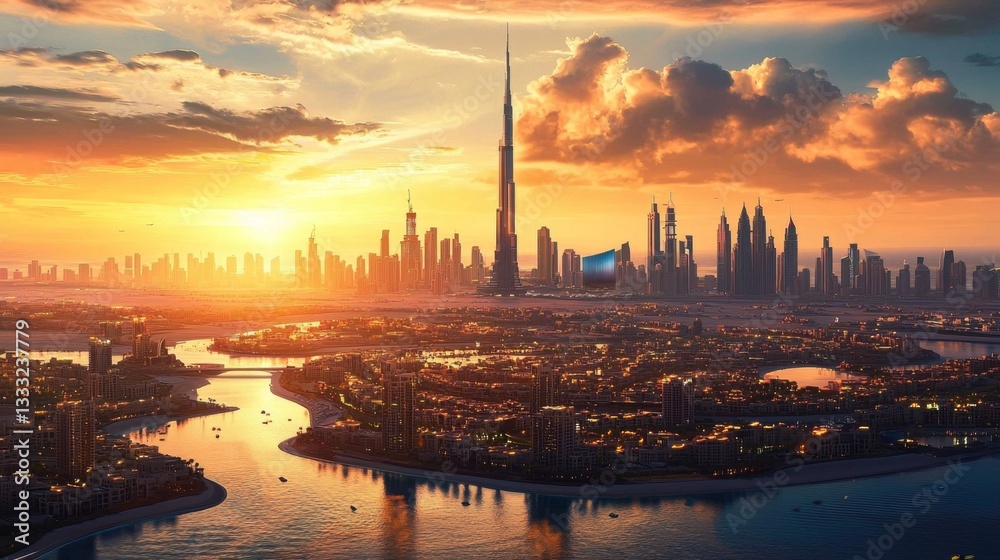 Naklejka premium Stunning aerial view of Dubai bathed in sunset light.