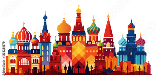 Moscow, Russia – A rich and bold watercolor skyline of Moscow, featuring Saint Basil’s Cathedral and the Kremlin in deep reds, blues, and golds..
