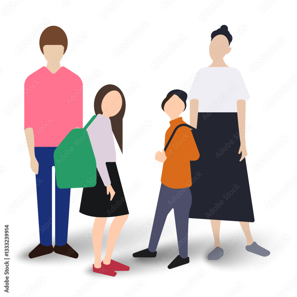 Young family. Parents with two children. Two adults and a schoolboy and a schoolgirl with backpacks. Flat vector illustration isolated on white background. Young family. Parents with two children. Two adults and a schoolboy and a schoolgirl with backpacks. Flat vector illustration isolated on white background.
