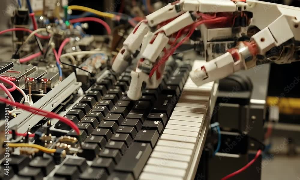 Robotic hand typing on keyboard in lab Robotic hand typing on keyboard in lab