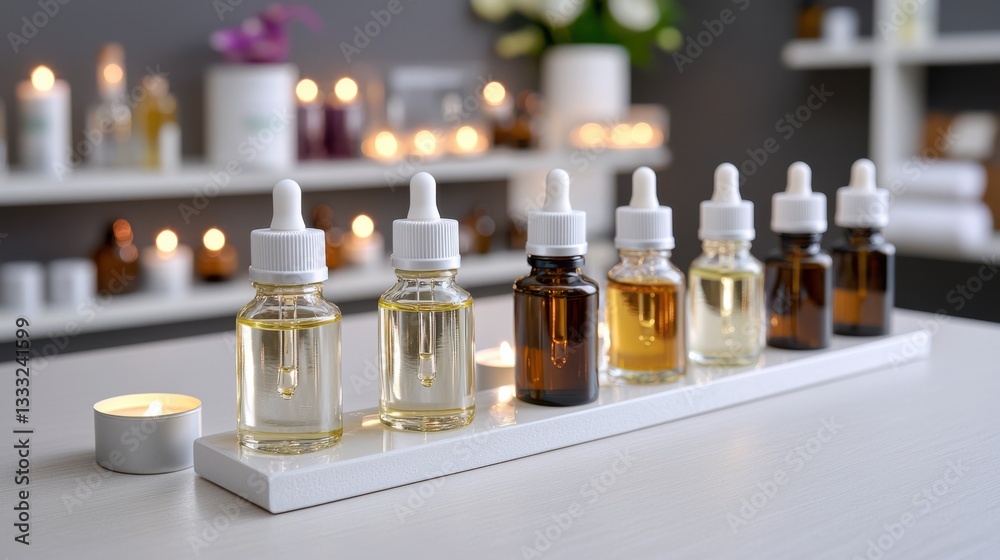 Inviting Aromatic Sanctuary with Essential Oils and Candles on Table Inviting Aromatic Sanctuary with Essential Oils and Candles on Table