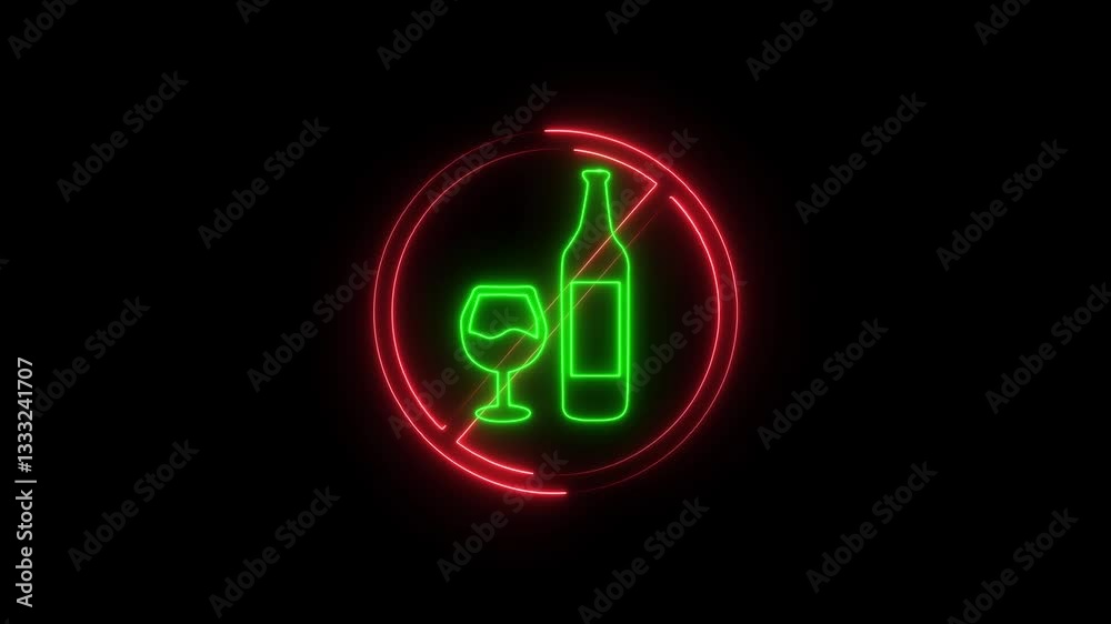 Neon Alcohol prohibition sign icon, Do not drink alcohol in this area. Glowing alcohol zone warning sign on black background. Neon Alcohol prohibition sign icon, Do not drink alcohol in this area. Glowing alcohol zone warning sign on black background.