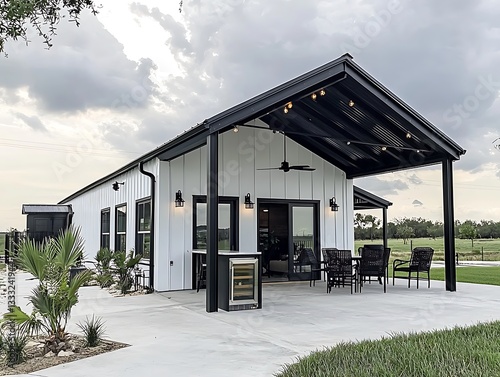 Contemporary black and white barndominium with spacious outdoor entertainment space