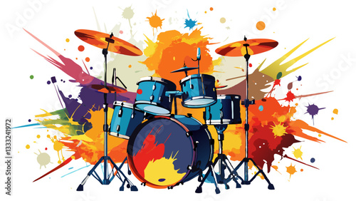 Vibrant illustration of a drum set with colorful paint splashes, conveying a sense of energy and musical expression.