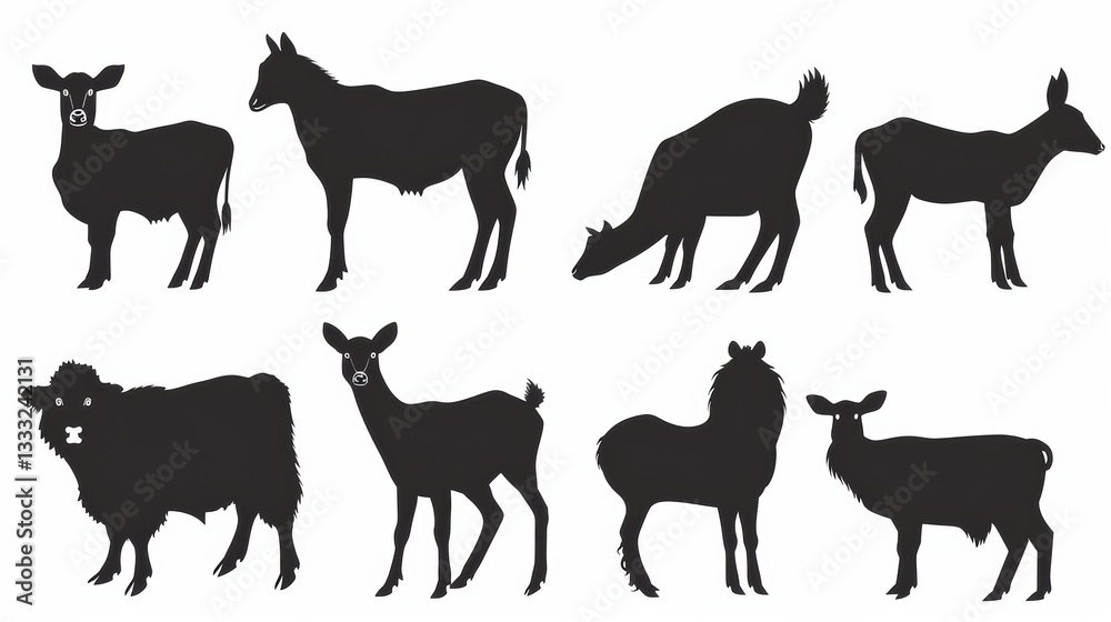 Fototapeta premium Striking Isolated Vector Farm Animal Silhouettes on a White Canvas: Ideal for Design Projects