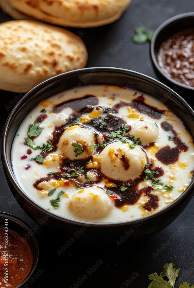 Delicious bowls of creamy yogurt topped with spices and herbs, served with fluffy bread and flavorful sauces on a dark stone background Delicious bowls of creamy yogurt topped with spices and herbs, served with fluffy bread and flavorful sauces on a dark stone background