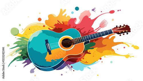 Vibrant illustration of an acoustic guitar with colorful paint splashes, conveying a sense of musical expression and energy.