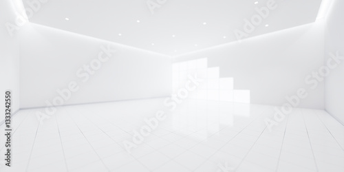 3d rendering of blur background or blur white empty space in room include tile floor in perspective view, light of window. Modern luxury interior home design of living room look clean, bright, shiny.