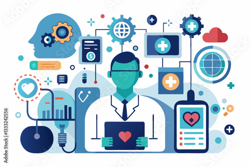 Digital healthcare illustration with a doctor figure, medical icons, and connected devices, representing technology in medicine.