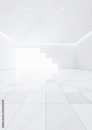3d rendering of blur background or blur white empty space in room include tile floor in perspective view, light of window. Modern luxury interior home design of living room look clean, bright, shiny.