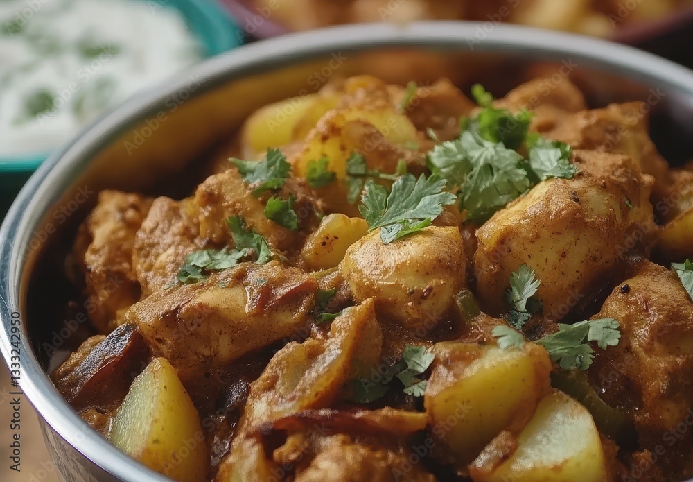 Delicious Chicken Curry with Potatoes and Fresh Coriander Served in a Bowl with Creamy Yogurt on the Side Delicious Chicken Curry with Potatoes and Fresh Coriander Served in a Bowl with Creamy Yogurt on the Side
