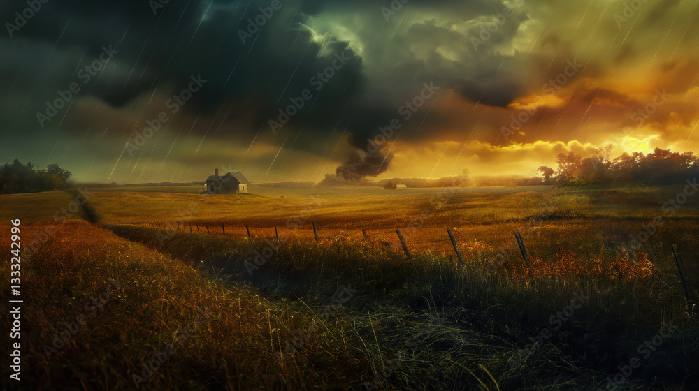 Fototapeta premium Sunset breaks through ominous storm clouds over a golden prairie landscape with distant smoke or tornado activity. 