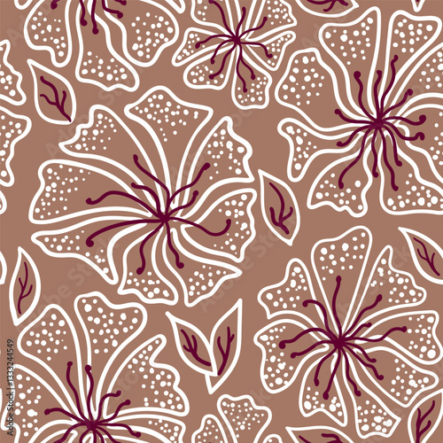 Decorative botanical floral seamless pattern. Hand drawn flowers with leaves on coffee-brown background. For textile, wallpaper, print, wrapping, scrapbooking. Spring illustration