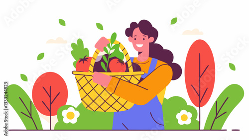 A smiling woman holds a basket filled with fresh vegetables and fruits, standing in a vibrant outdoor setting with greenery and flowers.