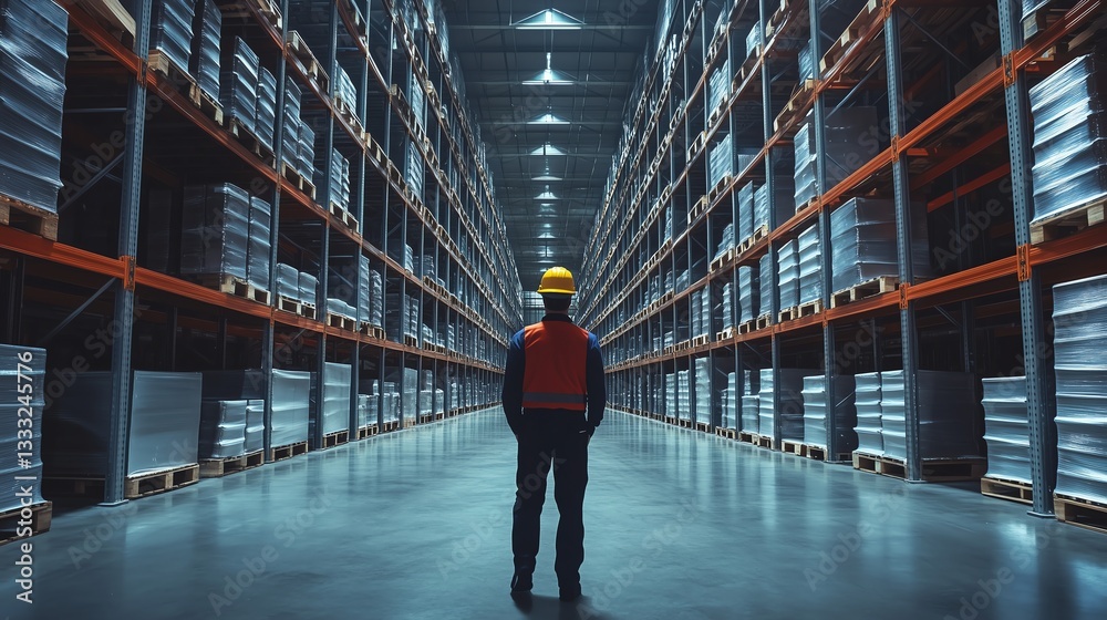 Obraz premium Warehouse worker in hard hat walking through storage racks in a spacious, minimalist warehouse with clean lines and ample copy space