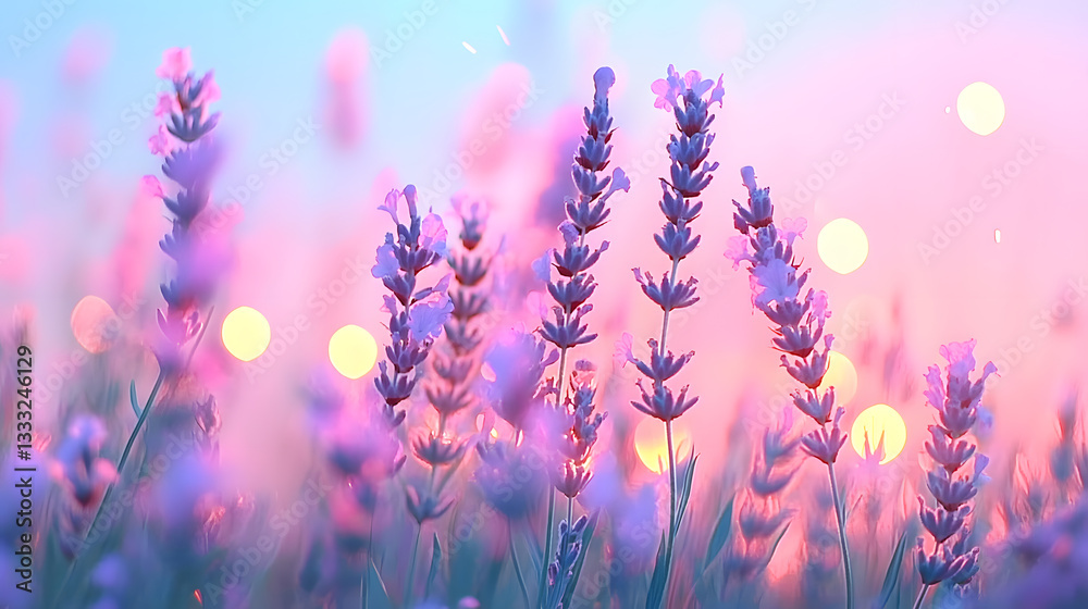 Naklejka premium Lavender Field at Sunset with Dreamy Colorful Background