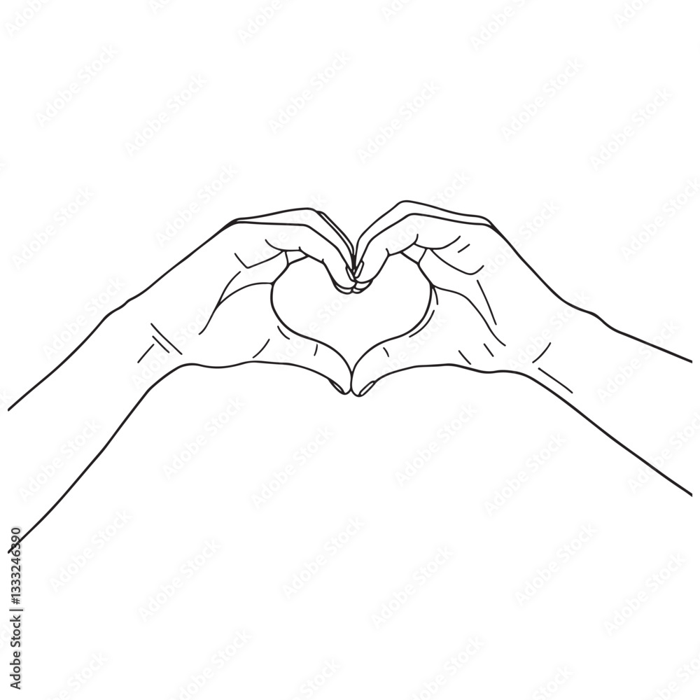 Obraz premium A minimalist vector of two hands forming a heart shape with their fingers, drawn in black and white.