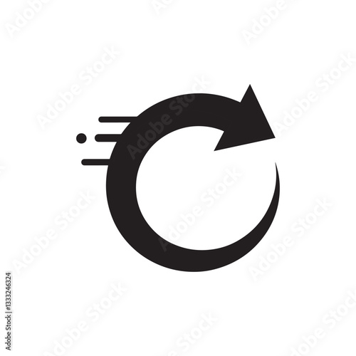 A circular arrow icon showing movement, with a curved shape and a dynamic black-and-white contrast.