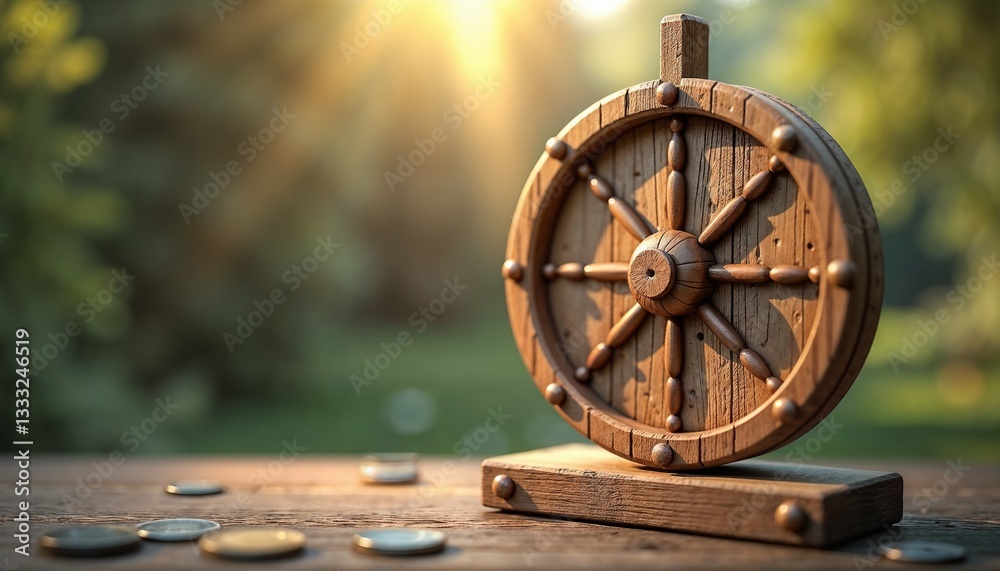 Obraz premium Wooden fortune wheel with coins around it, illuminated by soft sunlight in an outdoor setting copy space