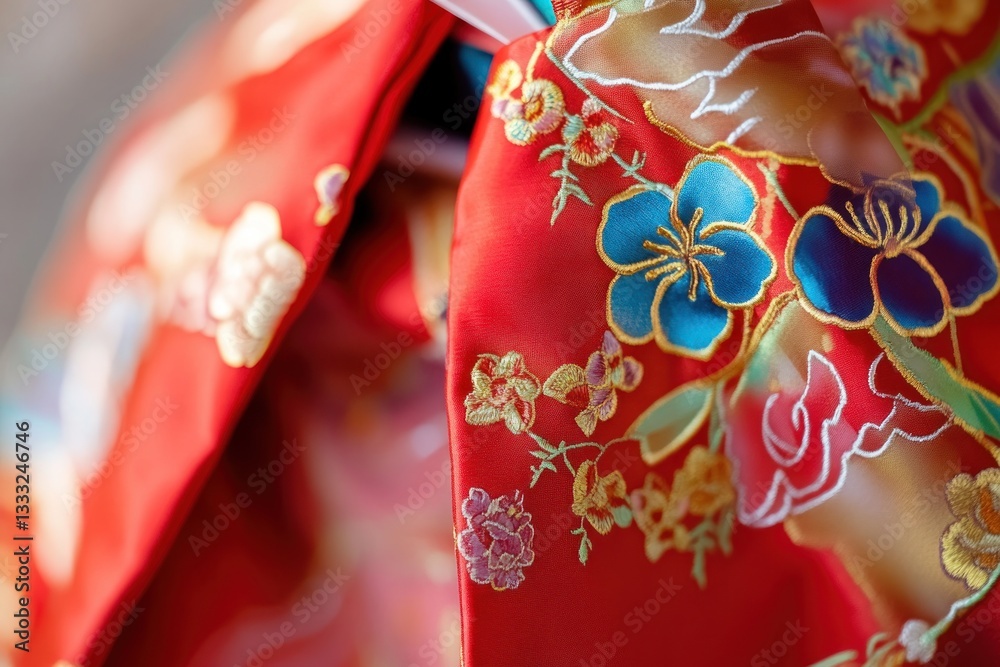 Fototapeta premium Intricate Floral Embroidery on Traditional Red Fabric CloseUp Detail of Richly Decorated Text