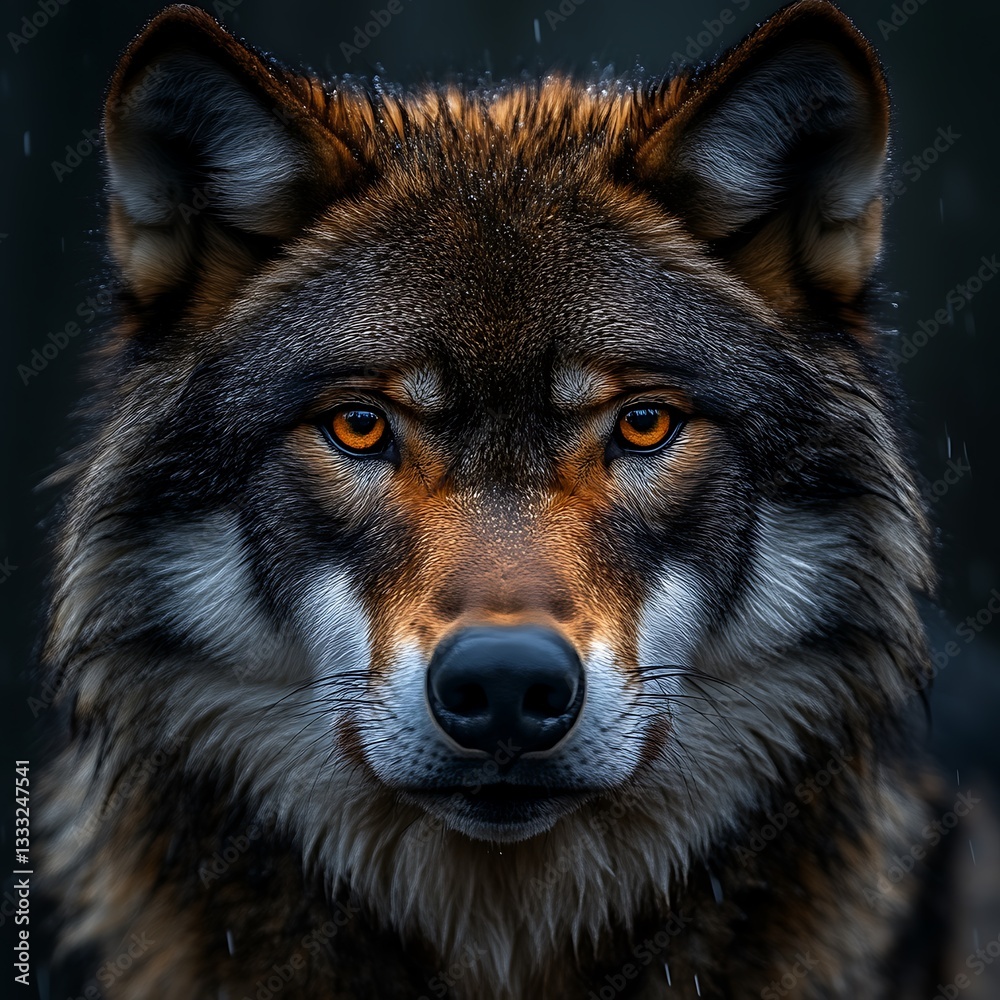 Fototapeta premium Intense wolf portrait, rain, dark forest, wildlife