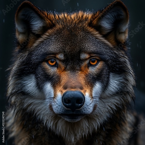 Intense wolf portrait, rain, dark forest, wildlife