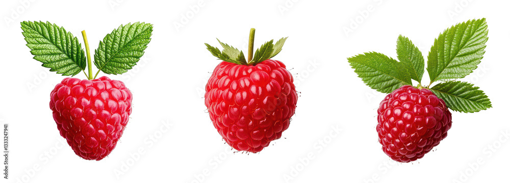 Fresh raspberries with green leaves on a black background Fresh raspberries with green leaves on a black background