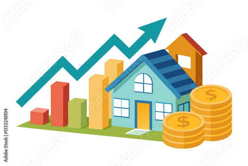 Real estate market growth illustration with a house, upward trend arrow, money, and charts.
