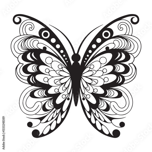 Ornate Black and White Butterfly Design for Coloring or Illustration