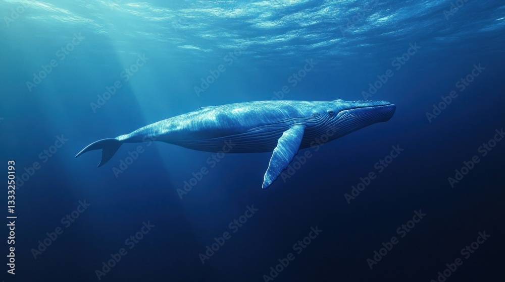 Fototapeta premium Magnificent Blue Whale Drifting Peacefully in the Depths of the Ocean with Sun Rays