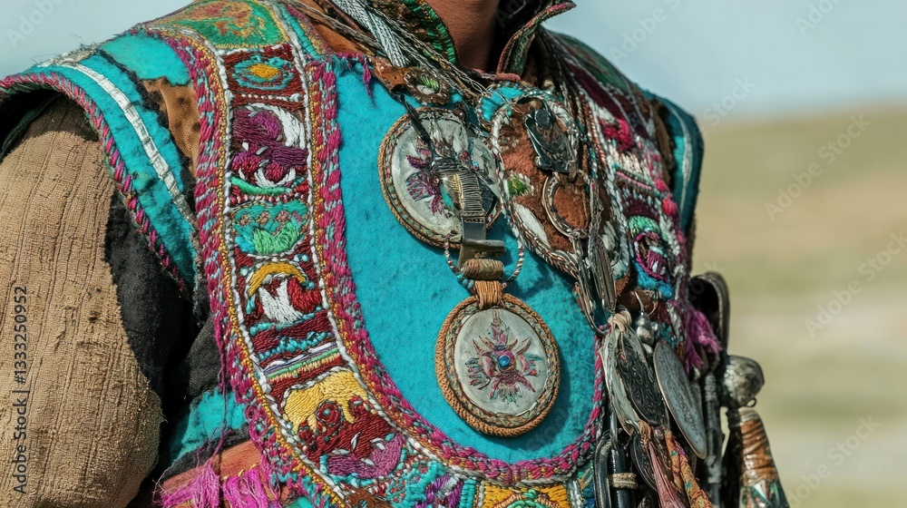 Naklejka premium Intricate Embroidered Textile with Traditional Decorations and Ornate Metalwork for Cultural